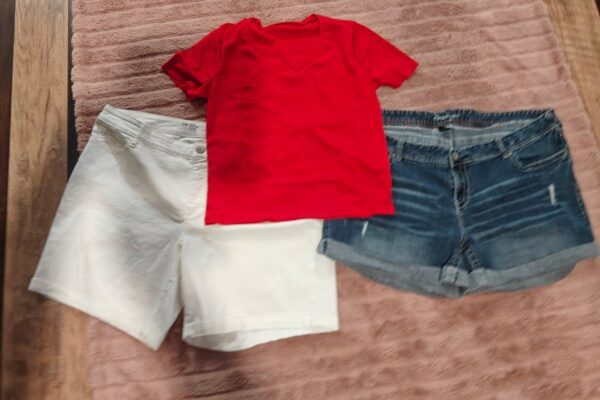 Two pair of shorts size 24, and a red shirt size extra extra large